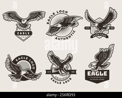 Eagles emblem. Stylized logotypes and badges with freedom birds wings silhouettes motorbike recent vector pictures. Emblem logo eagle, wildlife power badge illustration. Eagles emblem. Stylized logotypes and badges with freedom birds wings silhouettes motorbike recent vector pictures Stock Vector