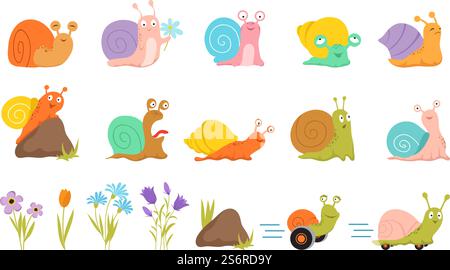 Cartoon snail and flowers. Floral insects, isolated stone grass cute snails. Summer kids wild animals, characters on skateboard or rollers vector set. Illustration snail and grass, greeting animal. Cartoon snail and flowers. Floral insects, isolated stone grass cute snails. Summer kids wild animals, characters on skateboard or rollers vector set Stock Vector