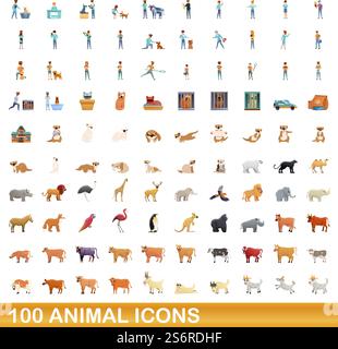 100 animal icons set. Cartoon illustration of 100 animal icons vector set isolated on white background. 100 animal icons set, cartoon style Stock Vector