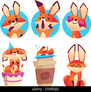 Emotional foxes avatars. Cute cartoon fox sleep on coffee mug, thinking and sadness on birthday cake vector set. Illustration emotional avatar fox, birthday cake and love. Emotional foxes avatars. Cute cartoon fox sleep on coffee mug, thinking and sadness on birthday cake vector set Stock Vector
