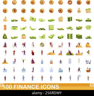 100 finance icons set. Cartoon illustration of 100 finance icons vector set isolated on white background. 100 finance icons set, cartoon style Stock Vector