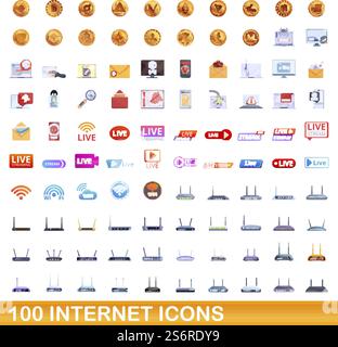 100 internet icons set. Cartoon illustration of 100 internet icons vector set isolated on white background. 100 internet icons set, cartoon style Stock Vector