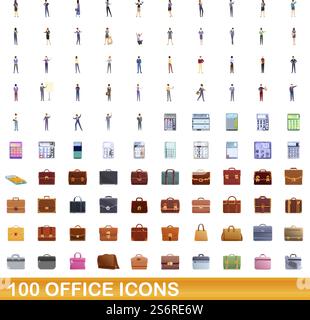 100 office icons set. Cartoon illustration of 100 office icons vector set isolated on white background. 100 office icons set, cartoon style Stock Vector