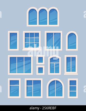 Window design. Glass various types architectural outdoor object garish vector collection. Illustration window office and home front. Window design. Glass various types architectural outdoor object garish vector collection Stock Vector