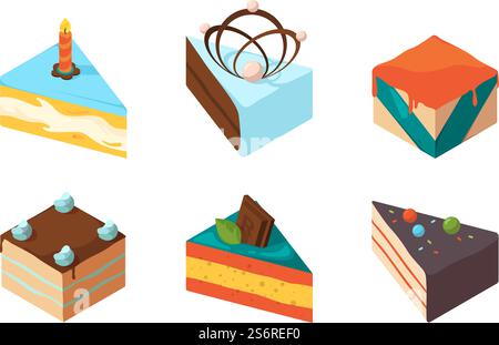 Cake pieces. Delicious isometric sweets tasty food birthday glazed gourmet products garish vector colored illustrations. Cream piece pie, homemade cheesecake delicious. Cake pieces. Delicious isometric sweets tasty food birthday glazed gourmet products garish vector colored illustrations Stock Vector