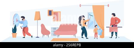 Family cleaning home interior. Mother father and kids washing room children helping parents garish vector person. Housework family, domestic cleaning illustration. Family cleaning home interior. Mother father and kids washing room children helping parents garish vector person Stock Vector