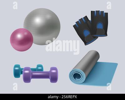 Fitness equipment. Realistic gym accessories energy sport symbols for healthy lifestyle dumbbells scales skipping rope decent vector illustrations set. Fitness equipment accessories to training in gym. Fitness equipment. Realistic gym accessories energy sport symbols for healthy lifestyle dumbbells scales apple skipping rope decent vector illustrations set Stock Vector