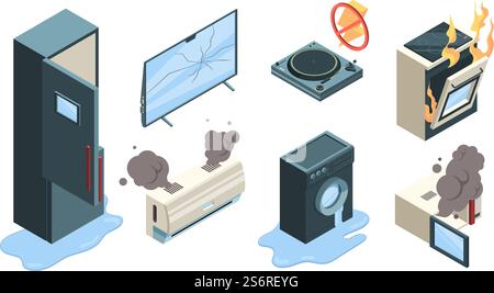 Broken appliances. Electronic technics home problems with gadgets washing machine conditioner boiler microwave tv fire garish vector isometric set. Illustration broken appliance equipment. Broken appliances. Electronic technics home problems with gadgets washing machine conditioner boiler microwave tv fire garish vector isometric set Stock Vector