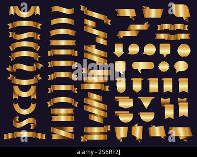 Golden ribbons. Decoration symbols tapes and luxury banners recent vector templates collection. Illustration tape golden ribbon decoration. Golden ribbons. Decoration symbols tapes and luxury banners recent vector templates collection Stock Vector