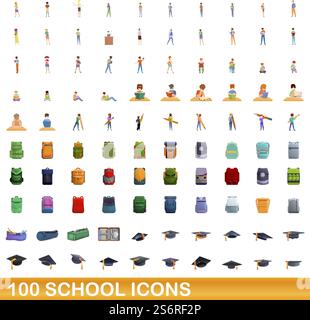 100 school icons set. Cartoon illustration of 100 school icons vector set isolated on white background. 100 school icons set, cartoon style Stock Vector
