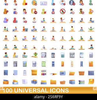 100 universal icons set. Cartoon illustration of 100 universal icons vector set isolated on white background. 100 universal icons set, cartoon style Stock Vector