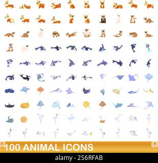 100 animal icons set. Cartoon illustration of 100 animal icons vector set isolated on white background. 100 animal icons set, cartoon style Stock Vector