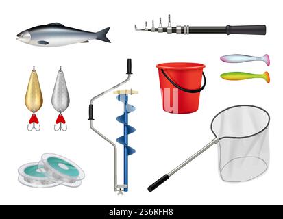 Fishing. Camping recreation items hooks spinner fishing rod butterfly decent vector realistic pictures set. Illustration fishing spinner and hook, bait and reel. Fishing. Camping recreation items hooks spinner fishing rod butterfly decent vector realistic pictures set Stock Vector