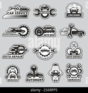 Car service logo. Silhouettes of automobiles garage vehicles mechanic repair cars recent vector stylized business emblems templates. Illustration transportation mechanical support emblem. Car service logo. Silhouettes of automobiles garage vehicles mechanic repair cars recent vector stylized business emblems templates Stock Vector