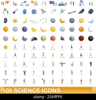 100 science icons set. Cartoon illustration of 100 science icons vector set isolated on white background. 100 science icons set, cartoon style Stock Vector