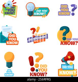 Did you know. Promotional badges with talking phrase discourse labels with megaphone flat pictures garish vector templates collection isolated. Illustration promotion knowledge, advice and question. Did you know. Promotional badges with talking phrase discourse labels with megaphone flat pictures garish vector templates collection isolated Stock Vector