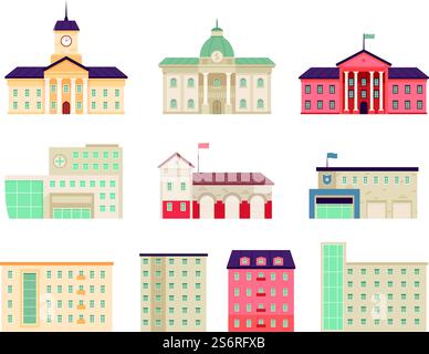 Municipal buildings. Government houses city library hospital bank supermarket campus urban buildings vector flat isolated on white. University building and municipal police hospital illustration. Municipal buildings. Government houses city library hospital bank supermarket campus urban buildings nowaday vector flat construction isolated on white Stock Vector