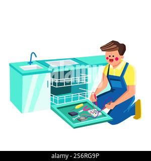 Electric Appliances Services Maintenance Vector. Electric Appliances Services Worker Examining And Repairing Dishwasher Kitchen Equipment. Character Repair Wash Machine Flat Cartoon Illustration. Electric Appliances Services Maintenance Vector Stock Vector