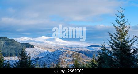 a view of distant snow-capped hills and trees seen from the Ben More in Scotland, feeling like it was Christmas Stock Photo