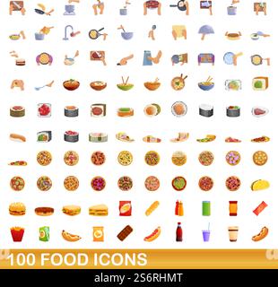 100 food icons set. Cartoon illustration of 100 food icons vector set isolated on white background. 100 food icons set, cartoon style Stock Vector