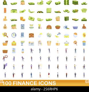 100 finance icons set. Cartoon illustration of 100 finance icons vector set isolated on white background. 100 finance icons set, cartoon style Stock Vector