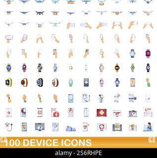 100 device icons set. Cartoon illustration of 100 device icons vector set isolated on white background. 100 device icons set, cartoon style Stock Vector