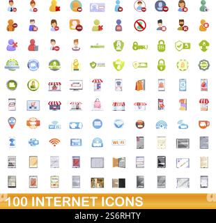100 internet icons set. Cartoon illustration of 100 internet icons vector set isolated on white background. 100 internet icons set, cartoon style Stock Vector