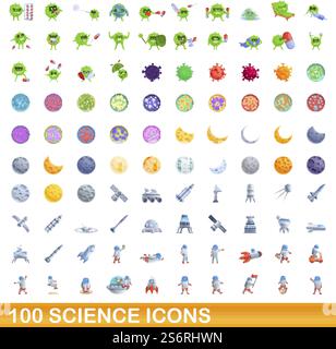 100 science icons set. Cartoon illustration of 100 science icons vector set isolated on white background. 100 science icons set, cartoon style Stock Vector