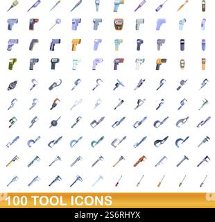 100 tool icons set. Cartoon illustration of 100 tool icons vector set isolated on white background. 100 tool icons set, cartoon style Stock Vector