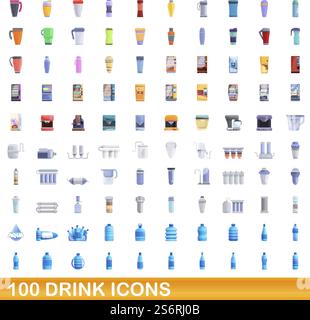 100 drink icons set. Cartoon illustration of 100 drink icons vector set isolated on white background. 100 drink icons set, cartoon style Stock Vector