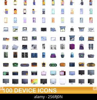 100 device icons set. Cartoon illustration of 100 device icons vector set isolated on white background. 100 device icons set, cartoon style Stock Vector
