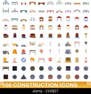 100 construction icons set. Cartoon illustration of 100 construction icons vector set isolated on white background. 100 construction icons set, cartoon style Stock Vector