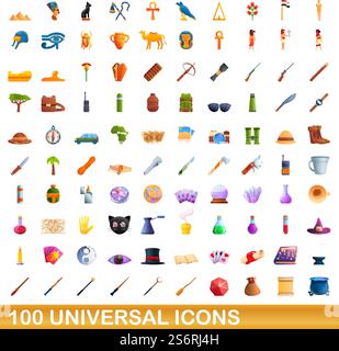 100 universal icons set. Cartoon illustration of 100 universal icons vector set isolated on white background. 100 universal icons set, cartoon style Stock Vector