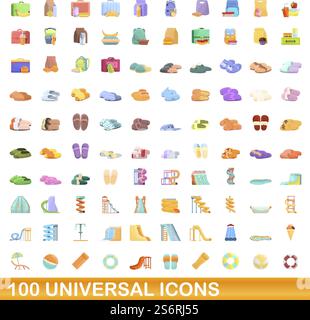 100 universal icons set. Cartoon illustration of 100 universal icons vector set isolated on white background. 100 universal icons set, cartoon style Stock Vector