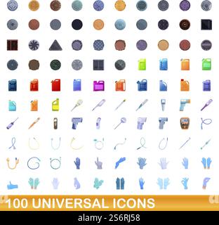 100 universal icons set. Cartoon illustration of 100 universal icons vector set isolated on white background. 100 universal icons set, cartoon style Stock Vector