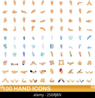 100 hand icons set. Cartoon illustration of 100 hand icons vector set isolated on white background. 100 hand icons set, cartoon style Stock Vector