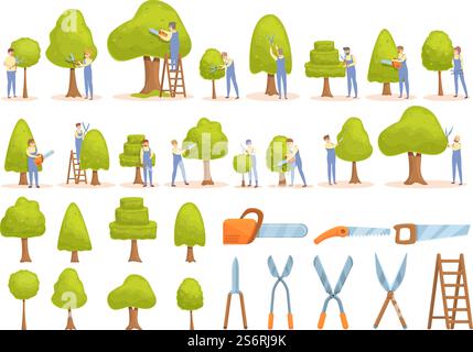 Tree trimming icons set cartoon vector. Tree chainsaw. Tree trimming work. Tree trimming icons set cartoon vector. Tree chainsaw Stock Vector