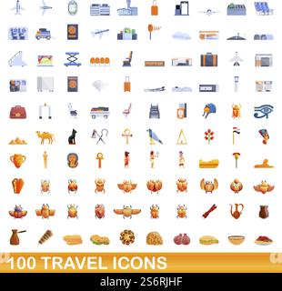 100 travel icons set. Cartoon illustration of 100 travel icons vector set isolated on white background. 100 travel icons set, cartoon style Stock Vector