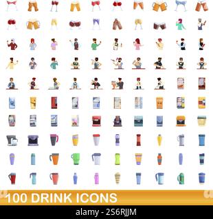 100 drink icons set. Cartoon illustration of 100 drink icons vector set isolated on white background. 100 drink icons set, cartoon style Stock Vector