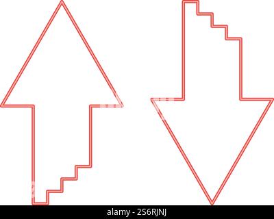 Neon two arrows with sumulation 3d effect for upload and download red color vector illustration image flat style light. Neon two arrows with sumulation 3d effect for upload and download red color vector illustration image flat style Stock Vector