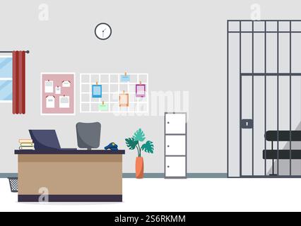 Police station interior with jail cell 2D vector illustration Stock ...