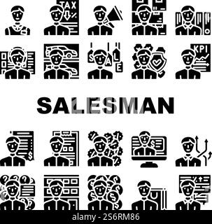 Salesman Business Occupation Icons Set Vector. Salesman Megaphone Advertising Of Seasonal Store Sale And Discounts, Tax Advice And Call Center Worker Support Glyph Pictograms Black Illustrations. Salesman Business Occupation Icons Set Vector Stock Vector