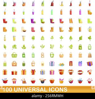 100 universal icons set. Cartoon illustration of 100 universal icons vector set isolated on white background. 100 universal icons set, cartoon style Stock Vector