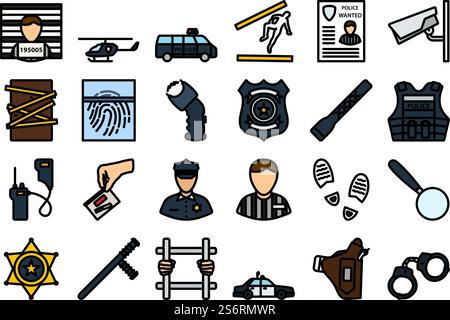 Police Icon Set. Editable Bold Outline With Color Fill Design. Vector Illustration. Stock Vector