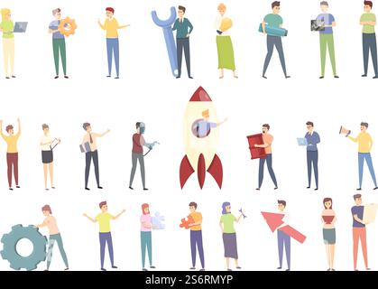 Realization icons set cartoon vector. Self dream. Success victory. Realization icons set cartoon vector. Self dream Stock Vector