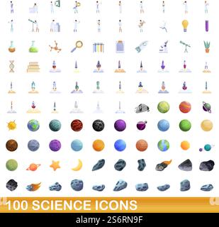 100 science icons set. Cartoon illustration of 100 science icons vector set isolated on white background. 100 science icons set, cartoon style Stock Vector
