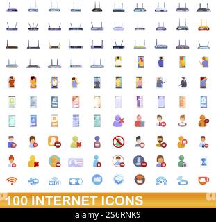 100 internet icons set. Cartoon illustration of 100 internet icons vector set isolated on white background. 100 internet icons set, cartoon style Stock Vector