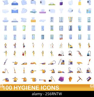 100 hygiene icons set. Cartoon illustration of 100 hygiene icons vector set isolated on white background. 100 hygiene icons set, cartoon style Stock Vector
