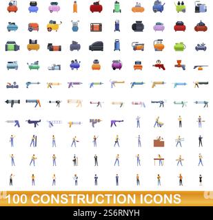100 construction icons set. Cartoon illustration of 100 construction icons vector set isolated on white background. 100 construction icons set, cartoon style Stock Vector