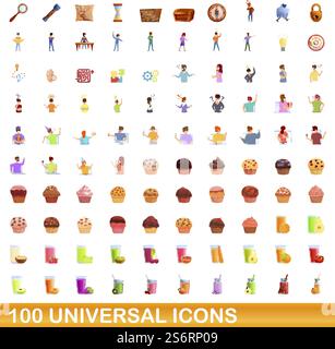 100 universal icons set. Cartoon illustration of 100 universal icons vector set isolated on white background. 100 universal icons set, cartoon style Stock Vector